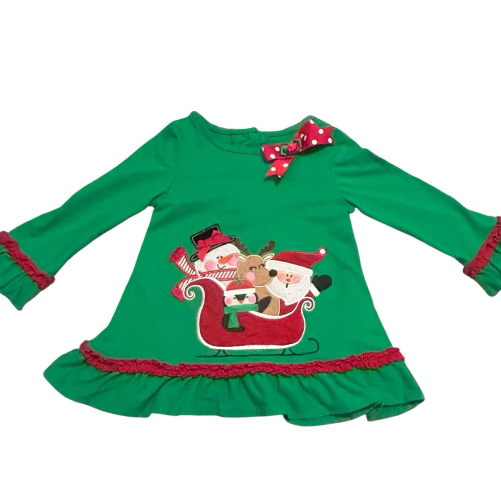 Rare Editions Girls Green Christmas Sleigh Applique Dress Size 4T‎